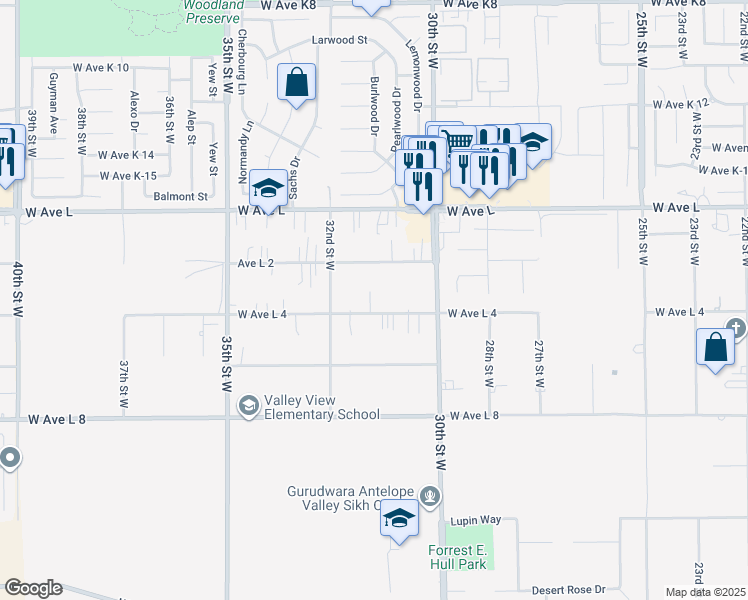 map of restaurants, bars, coffee shops, grocery stores, and more near 3111 West Avenue L4 in Lancaster