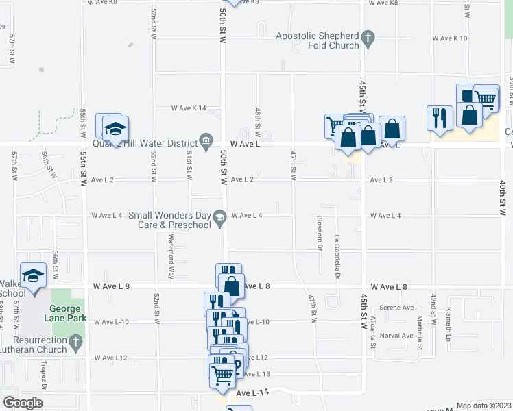 map of restaurants, bars, coffee shops, grocery stores, and more near 4805 West Avenue L4 in Lancaster