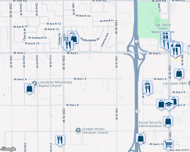map of restaurants, bars, coffee shops, grocery stores, and more near 1641 West Avenue L4 in Lancaster