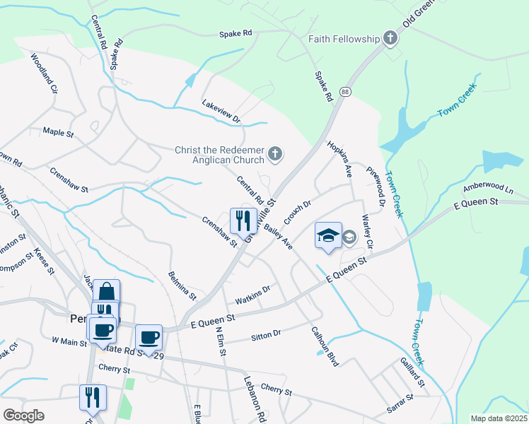 map of restaurants, bars, coffee shops, grocery stores, and more near 818 Greenville Street in Pendleton