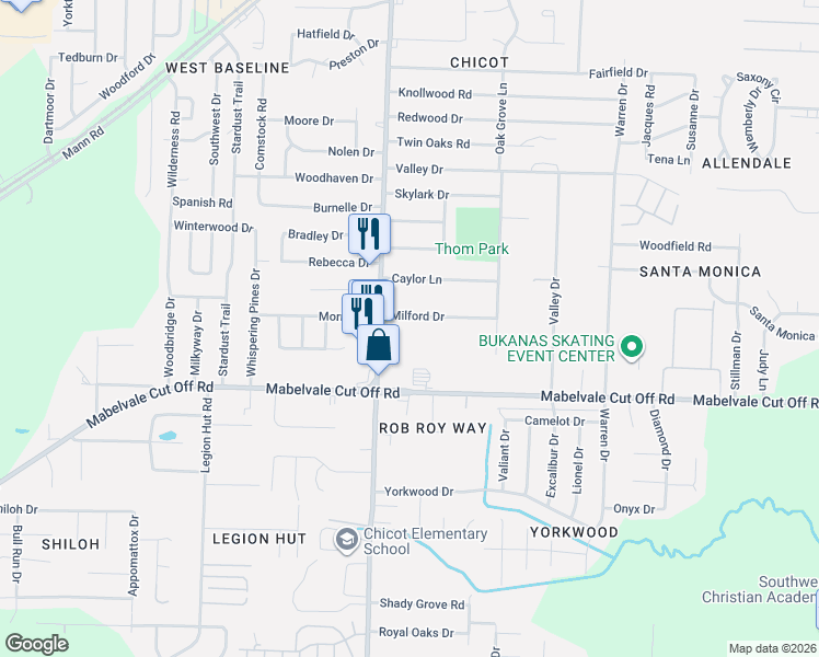 map of restaurants, bars, coffee shops, grocery stores, and more near 10201 Chicot Road in Little Rock