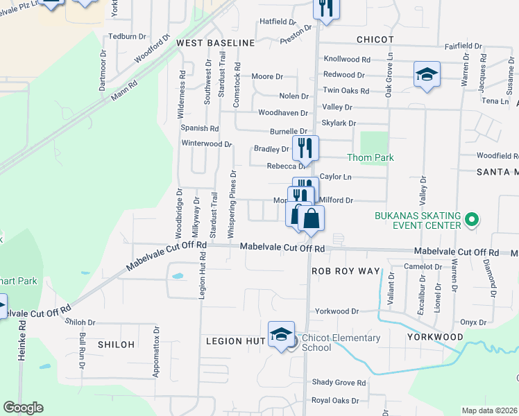 map of restaurants, bars, coffee shops, grocery stores, and more near 7924 Morris Drive in Little Rock