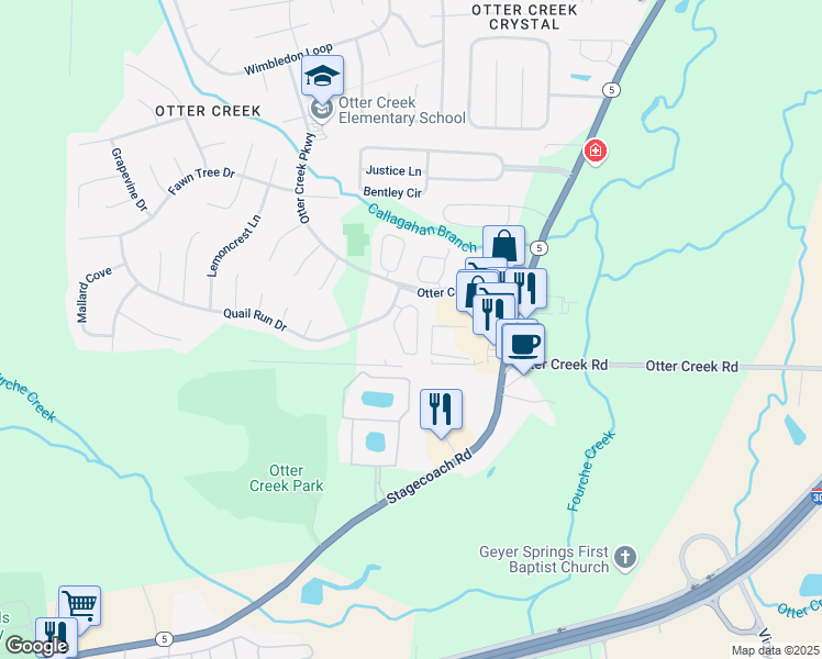 map of restaurants, bars, coffee shops, grocery stores, and more near 1 Quail Run Circle in Little Rock