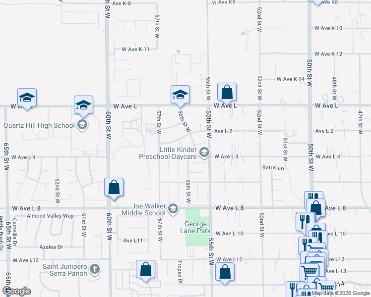 map of restaurants, bars, coffee shops, grocery stores, and more near 42662 Tempo Drive in Lancaster