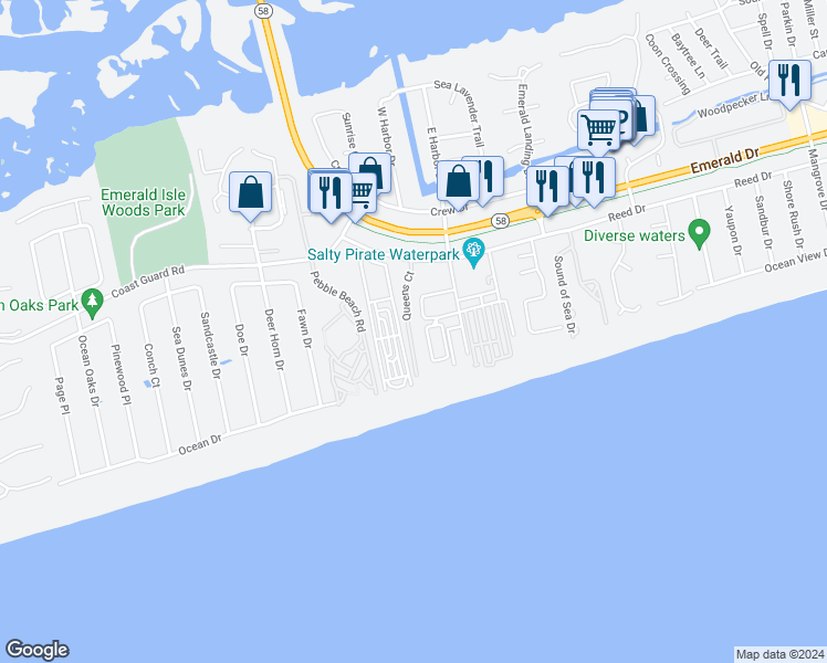 map of restaurants, bars, coffee shops, grocery stores, and more near 9100 Reed Drive in Emerald Isle