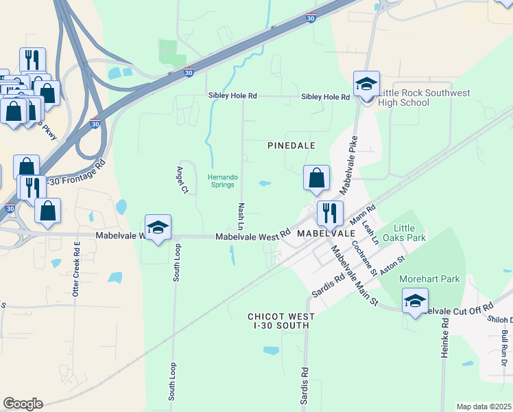 map of restaurants, bars, coffee shops, grocery stores, and more near 10225 Nash Lane in Little Rock