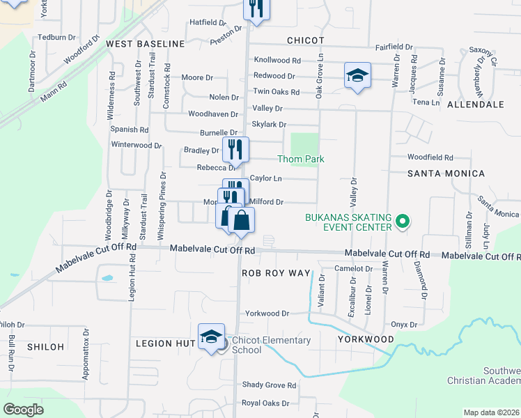 map of restaurants, bars, coffee shops, grocery stores, and more near 10201 Chicot Road in Little Rock