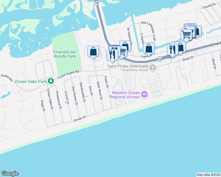 map of restaurants, bars, coffee shops, grocery stores, and more near 122 Fawn Drive in Emerald Isle
