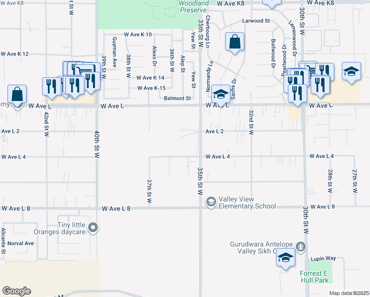 map of restaurants, bars, coffee shops, grocery stores, and more near 0 West Avenue L in Lancaster
