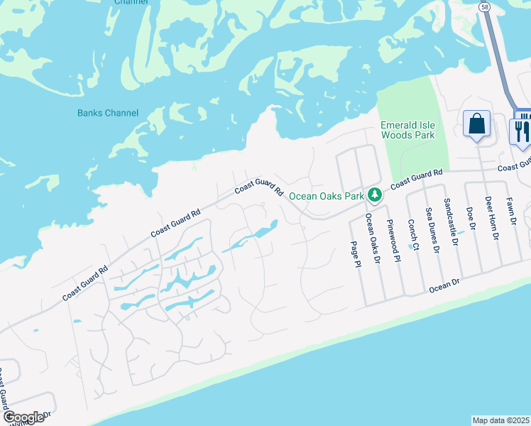 map of restaurants, bars, coffee shops, grocery stores, and more near 9903 MB Davis Court in Emerald Isle