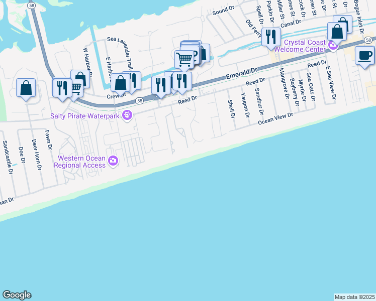 map of restaurants, bars, coffee shops, grocery stores, and more near 8801 Reed Drive in Emerald Isle