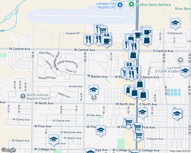 map of restaurants, bars, coffee shops, grocery stores, and more near West Barton Avenue & Seabreeze Way in Lompoc