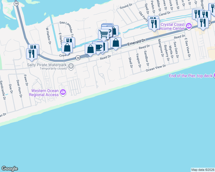 map of restaurants, bars, coffee shops, grocery stores, and more near 131 Heverly Drive in Emerald Isle