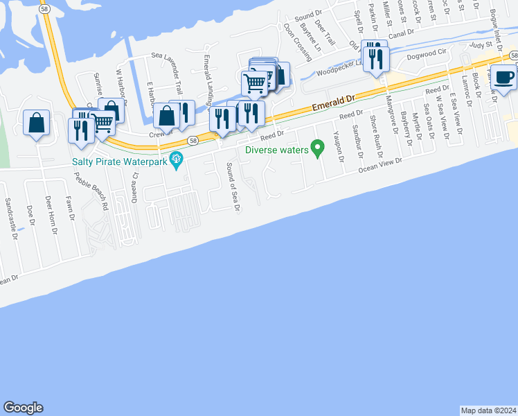 map of restaurants, bars, coffee shops, grocery stores, and more near 8801 Reed Drive in Emerald Isle