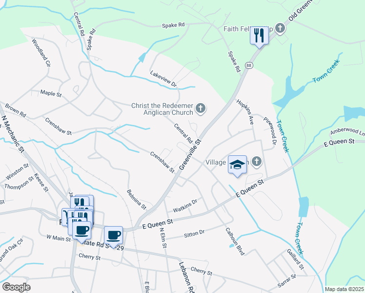 map of restaurants, bars, coffee shops, grocery stores, and more near 729 Greenville Street in Pendleton