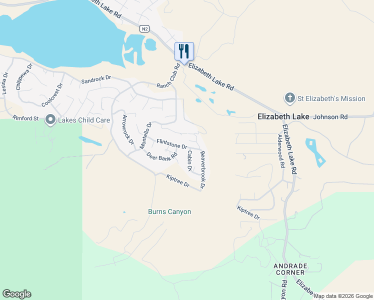 map of restaurants, bars, coffee shops, grocery stores, and more near 42655 Cabin Drive in Lake Hughes