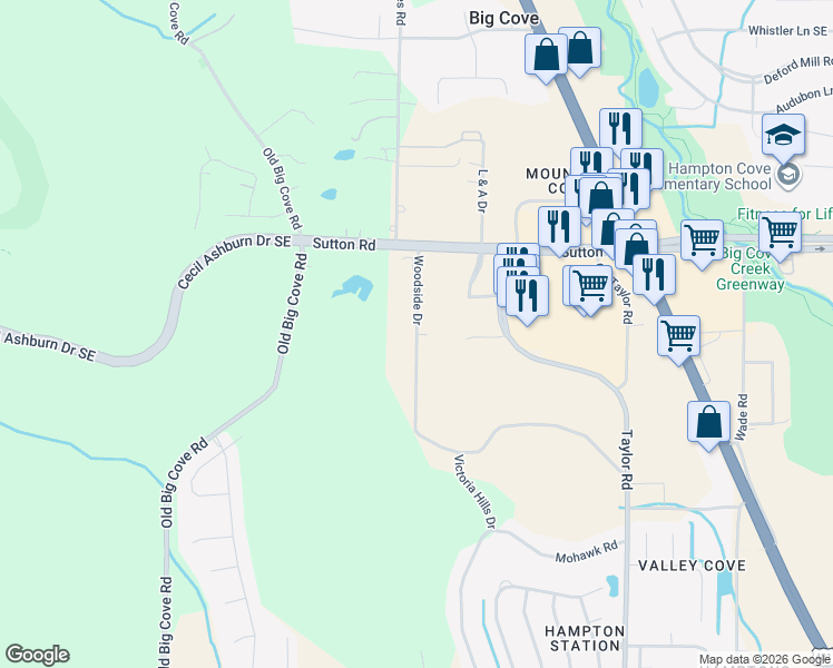 map of restaurants, bars, coffee shops, grocery stores, and more near 195 Woodside Drive in Owens Cross Roads