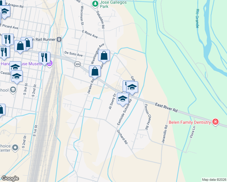 map of restaurants, bars, coffee shops, grocery stores, and more near 707 East River Road in Belen