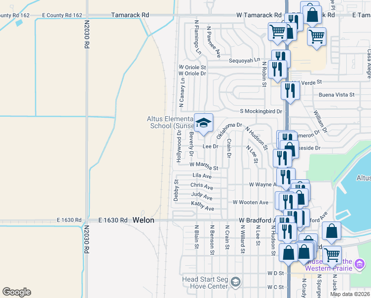 map of restaurants, bars, coffee shops, grocery stores, and more near 1801 Hollywood Drive in Altus