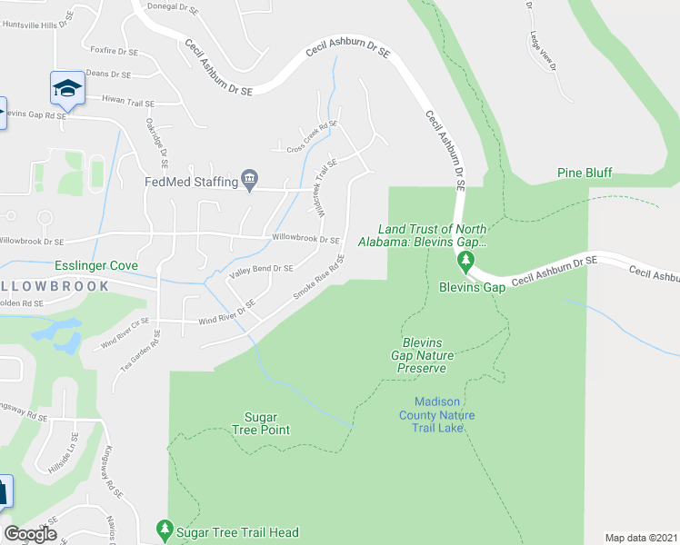 map of restaurants, bars, coffee shops, grocery stores, and more near 7907 Smoke Rise Road Southeast in Huntsville