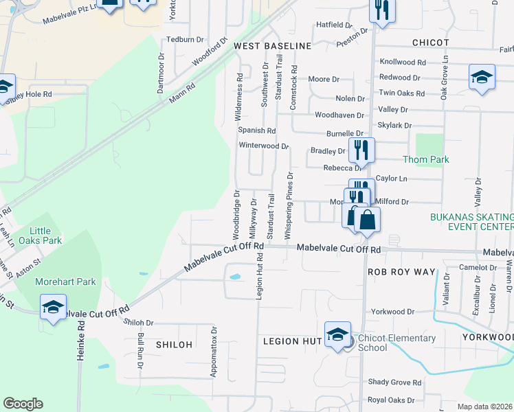 map of restaurants, bars, coffee shops, grocery stores, and more near 10207 Milkyway Drive in Little Rock