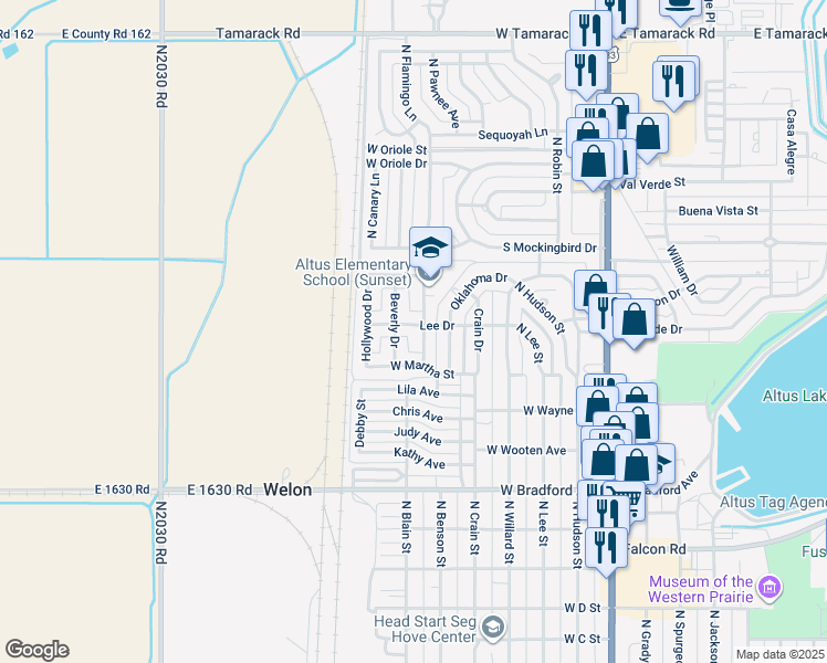 map of restaurants, bars, coffee shops, grocery stores, and more near 2120 Lee Drive in Altus