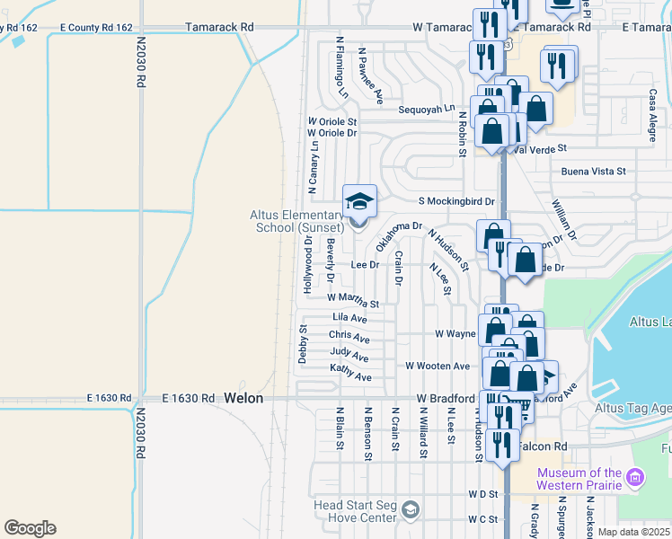 map of restaurants, bars, coffee shops, grocery stores, and more near 2120 Lee Drive in Altus