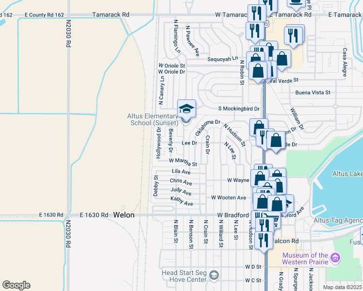 map of restaurants, bars, coffee shops, grocery stores, and more near 2120 Lee Drive in Altus