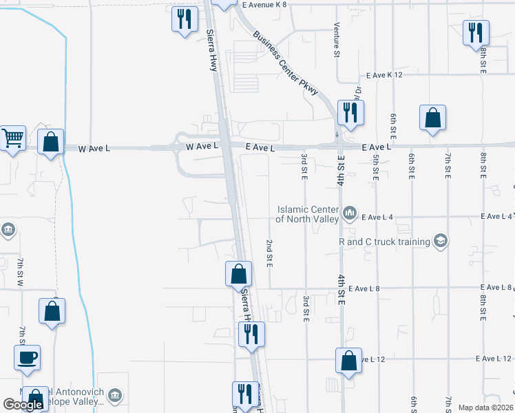 map of restaurants, bars, coffee shops, grocery stores, and more near 42621 2nd Street East in Lancaster