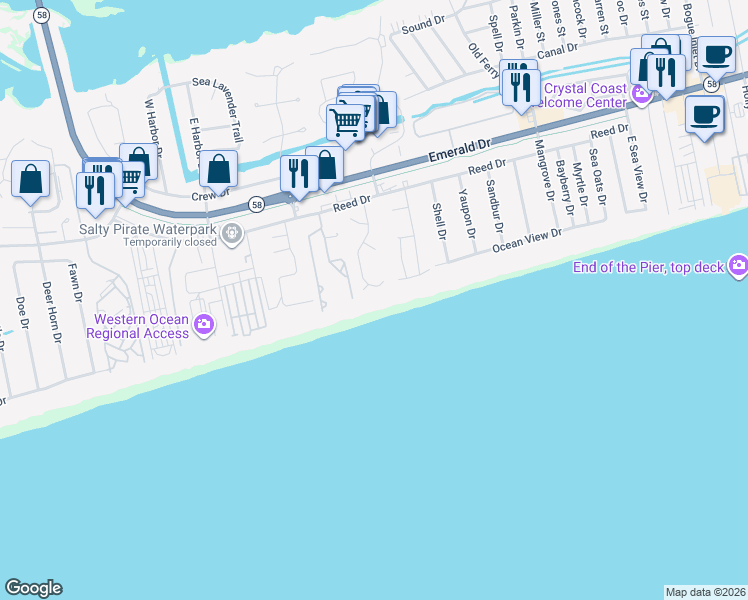 map of restaurants, bars, coffee shops, grocery stores, and more near 131 Heverly Drive in Emerald Isle