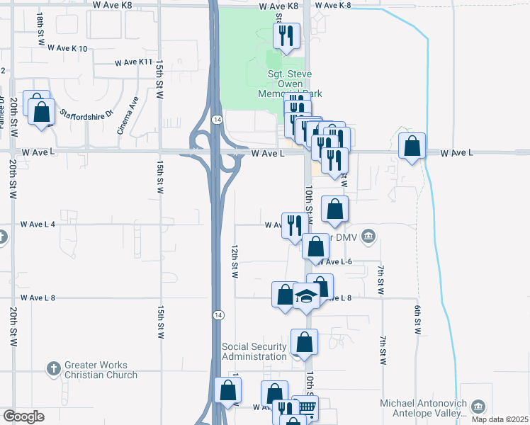 map of restaurants, bars, coffee shops, grocery stores, and more near 1103 West Avenue L4 in Lancaster