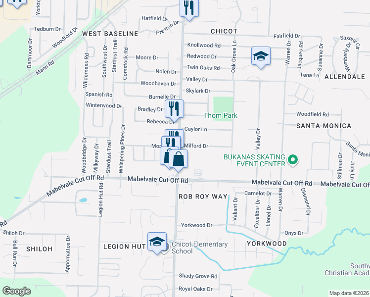map of restaurants, bars, coffee shops, grocery stores, and more near 10201 Chicot Road in Little Rock