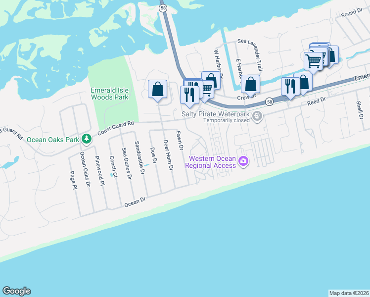 map of restaurants, bars, coffee shops, grocery stores, and more near 122 Fawn Drive in Emerald Isle