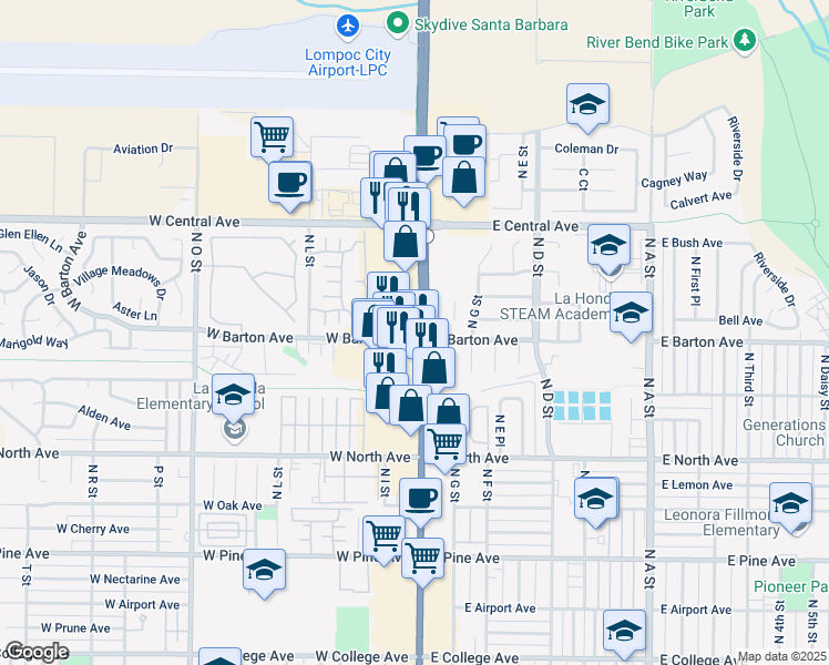 map of restaurants, bars, coffee shops, grocery stores, and more near 1201 North H Street in Lompoc