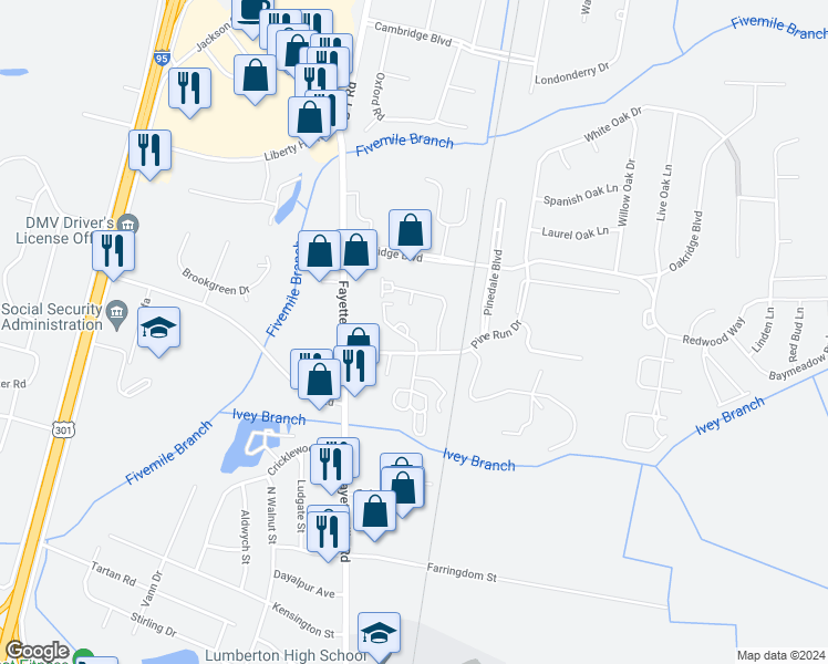 map of restaurants, bars, coffee shops, grocery stores, and more near 102 Carol Circle in Lumberton