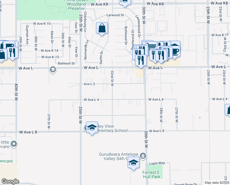map of restaurants, bars, coffee shops, grocery stores, and more near 42626 32nd Street West in Lancaster