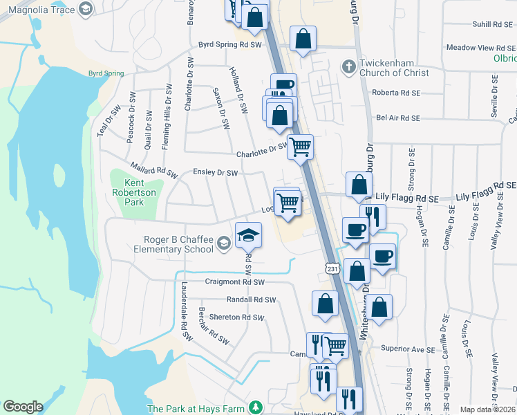 map of restaurants, bars, coffee shops, grocery stores, and more near 7900 Logan Drive Southwest in Huntsville
