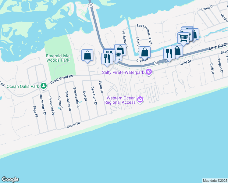 map of restaurants, bars, coffee shops, grocery stores, and more near 9201 Coast Guard Road in Emerald Isle