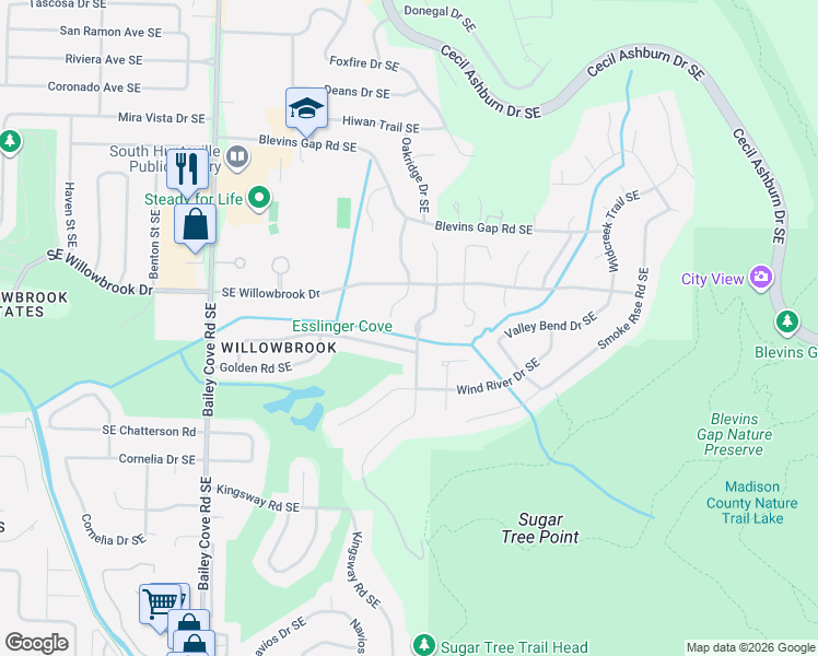 map of restaurants, bars, coffee shops, grocery stores, and more near 7910 Tea Garden Road Southeast in Huntsville