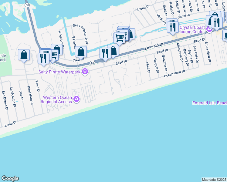 map of restaurants, bars, coffee shops, grocery stores, and more near 8801 Reed Drive in Emerald Isle