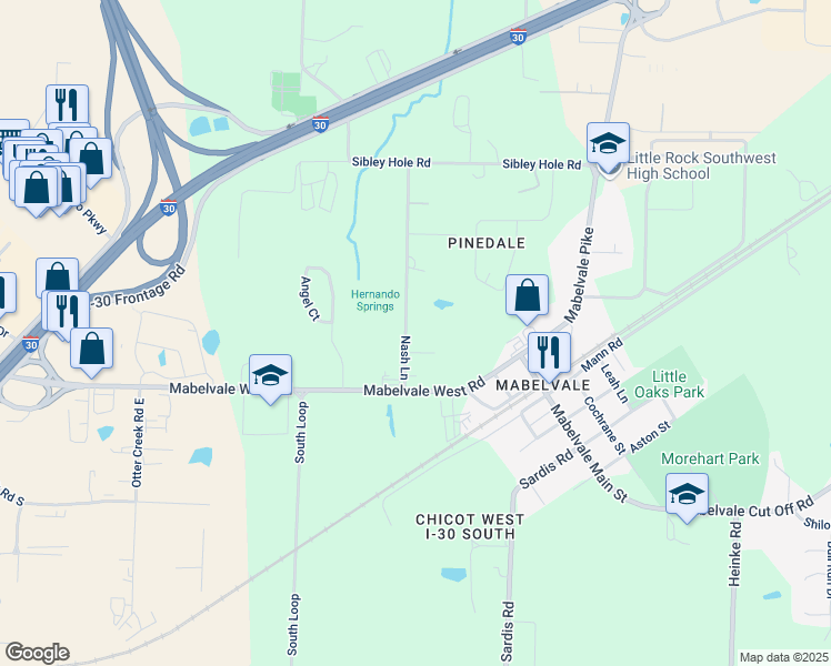 map of restaurants, bars, coffee shops, grocery stores, and more near 10225 Nash Lane in Little Rock