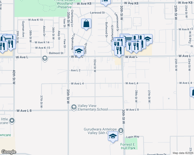 map of restaurants, bars, coffee shops, grocery stores, and more near 42626 32nd Street West in Lancaster