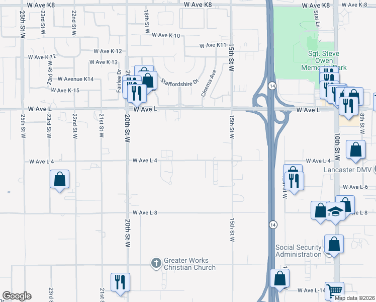 map of restaurants, bars, coffee shops, grocery stores, and more near 1641 West Avenue L4 in Lancaster