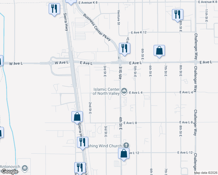 map of restaurants, bars, coffee shops, grocery stores, and more near 42622 3rd Street East in Lancaster