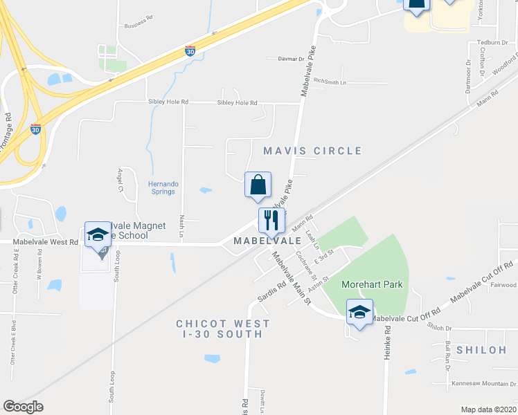 map of restaurants, bars, coffee shops, grocery stores, and more near 10402 Mabelvale Pike in Little Rock