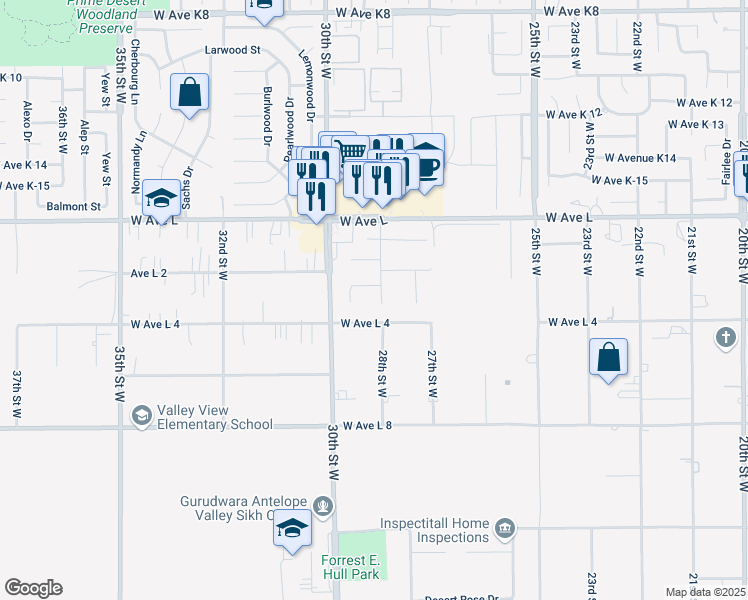 map of restaurants, bars, coffee shops, grocery stores, and more near 42629 28th Street West in Lancaster