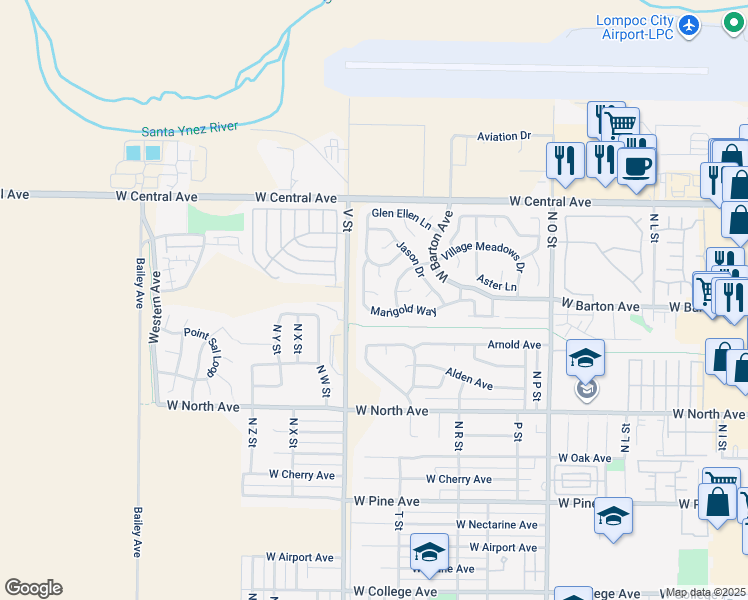 map of restaurants, bars, coffee shops, grocery stores, and more near 1428 Gloria Circle in Lompoc