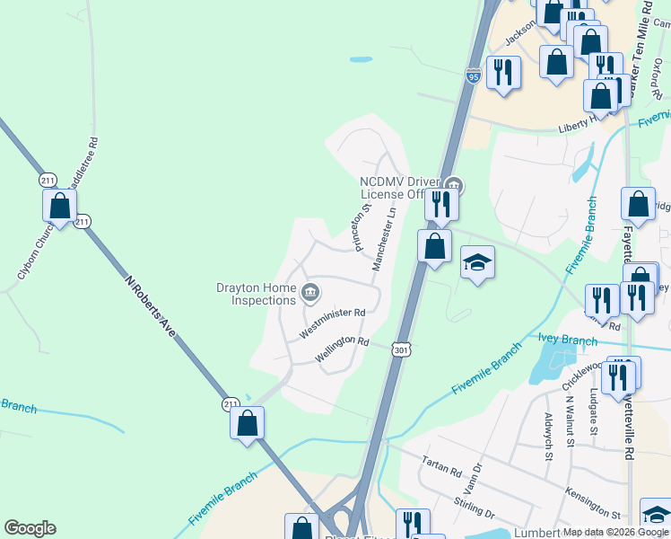 map of restaurants, bars, coffee shops, grocery stores, and more near 3057 Westminister Rd in Lumberton