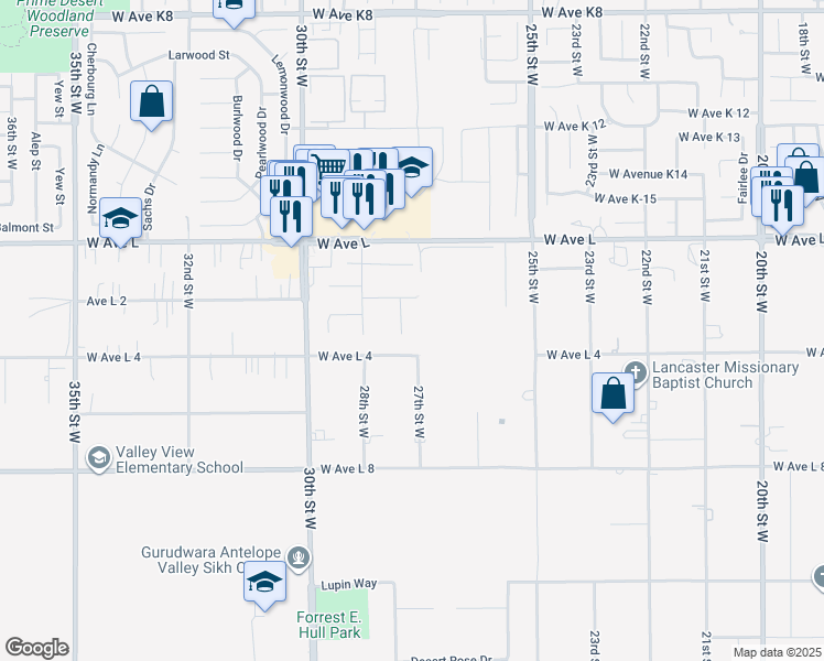 map of restaurants, bars, coffee shops, grocery stores, and more near 42630 Roadrunner Way in Lancaster