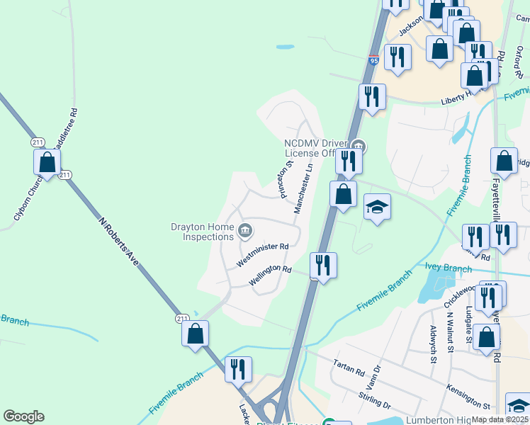 map of restaurants, bars, coffee shops, grocery stores, and more near in Lumberton
